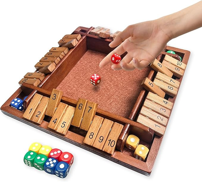 Shut the Box Wooden Board Game – 4 Player 1-10 Numbers Dark Wood Math Game with 8 Dice, Classic... | Amazon (US)