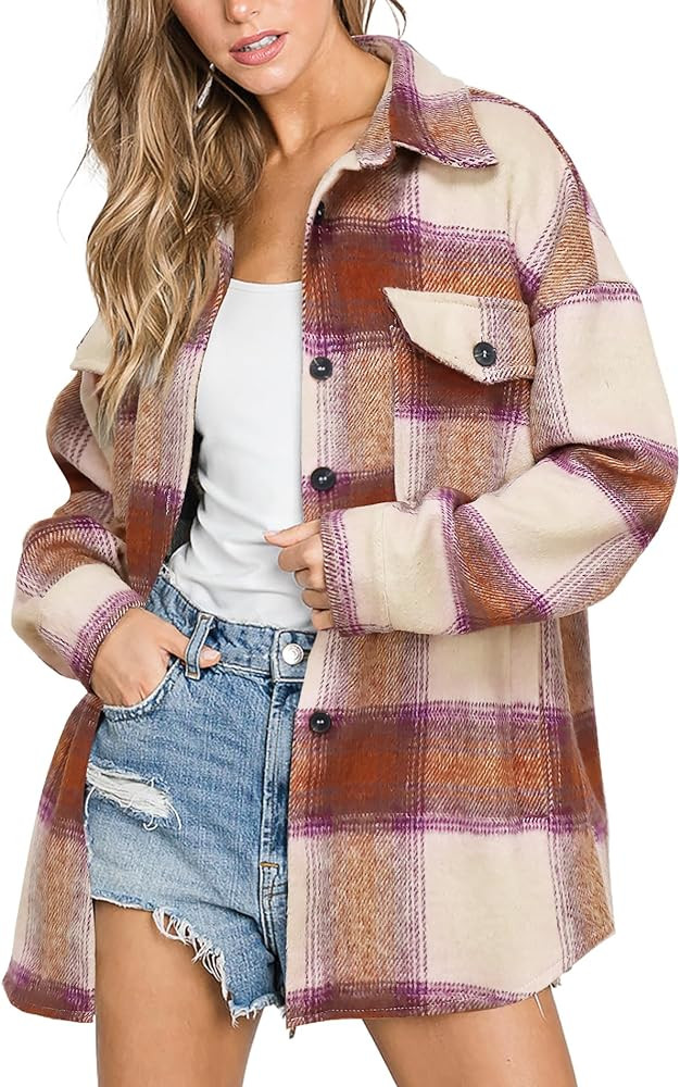 Beaully Women's Flannel Plaid Shacket Long Sleeve Button Down Shirts Jacket Coats with Side Pocke... | Amazon (US)