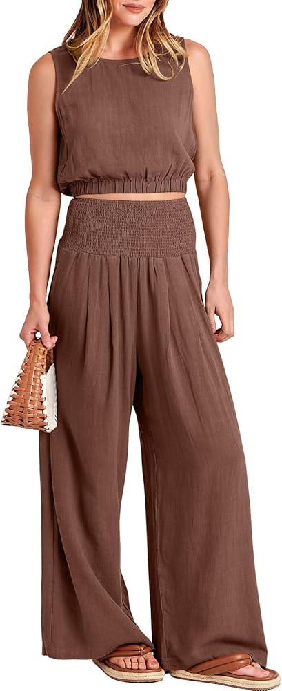 Amazon.com: ANRABESS 2 Piece Summer Outfits for Women Casual Lounge Matching Sets Linen Crop Top ... | Amazon (US)