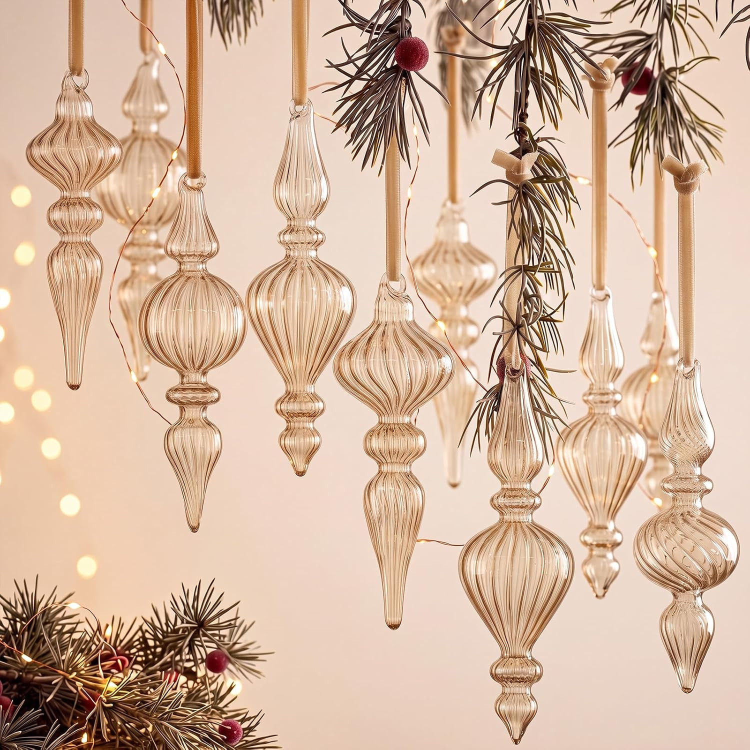 12 Pcs Vintage Glass Finial Christmas Ornaments, Light Brown | Amazon (US)