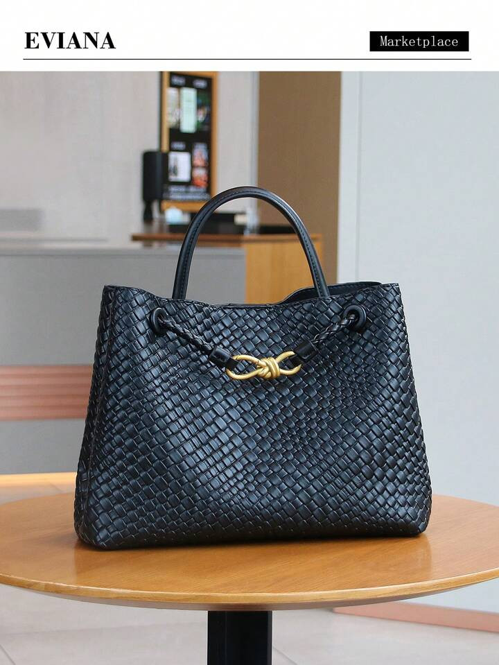 2025 Retro Handbag For Women, Small Brand Metal Rope Buckle Large Capacity Woven Tote Bag, Casual Shoulder Crossbody Shopper Bag, Versatile Work Commute Briefcase For OL | SHEIN