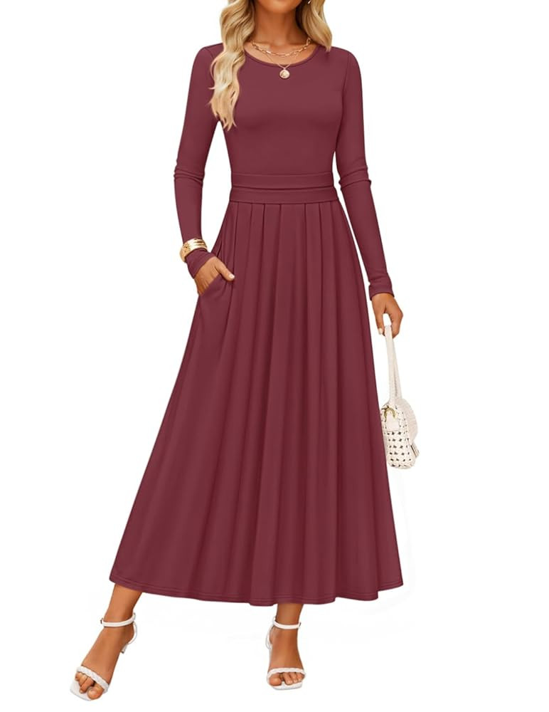 ZESICA Women's Elegant Long Sleeve Maxi Dress 2025 Fall Crewneck Knit High Wasit Pleated Flowy A ... | Amazon (US)