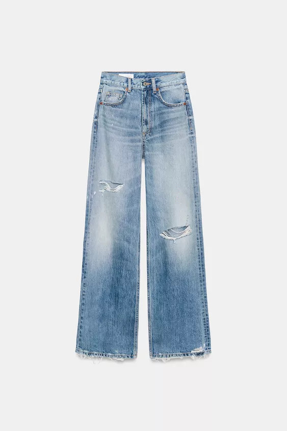 TRF RIPPED HIGH WAIST WIDE LEG JEANS | Zara US
