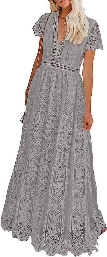 BLENCOT Womens Casual Boho Floral Lace V Neck Long Evening Dress Cocktail Party Maxi Wedding Dres... | Amazon (US)