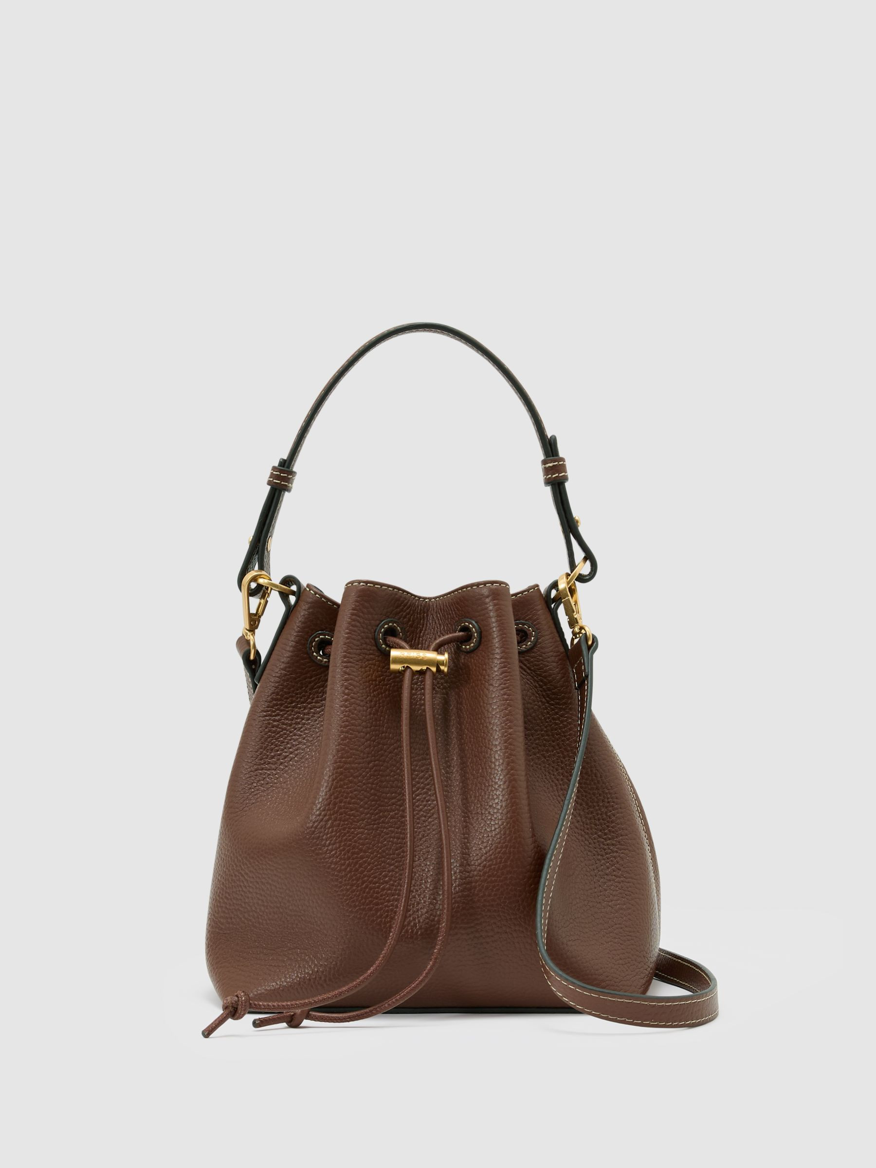Reiss Grained-Leather Bucket Bag in Tan - REISS | Reiss UK