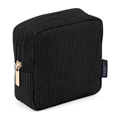 MAGEFY Small Makeup Bag for Purse Mini Cosmetics Bag Corduroy Cute Cosmetic Pouch for Women with Slip-in Pockets-Black | Amazon (US)