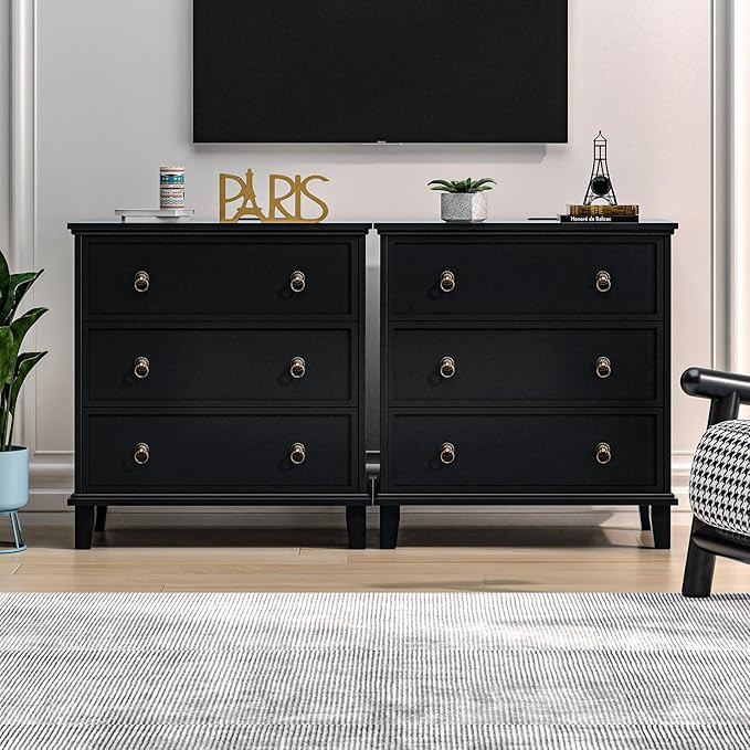 3 Drawers Black Nightstand, Large Nightstand with Charging Station,Wooden Farmhouse Night Stand, ... | Amazon (US)