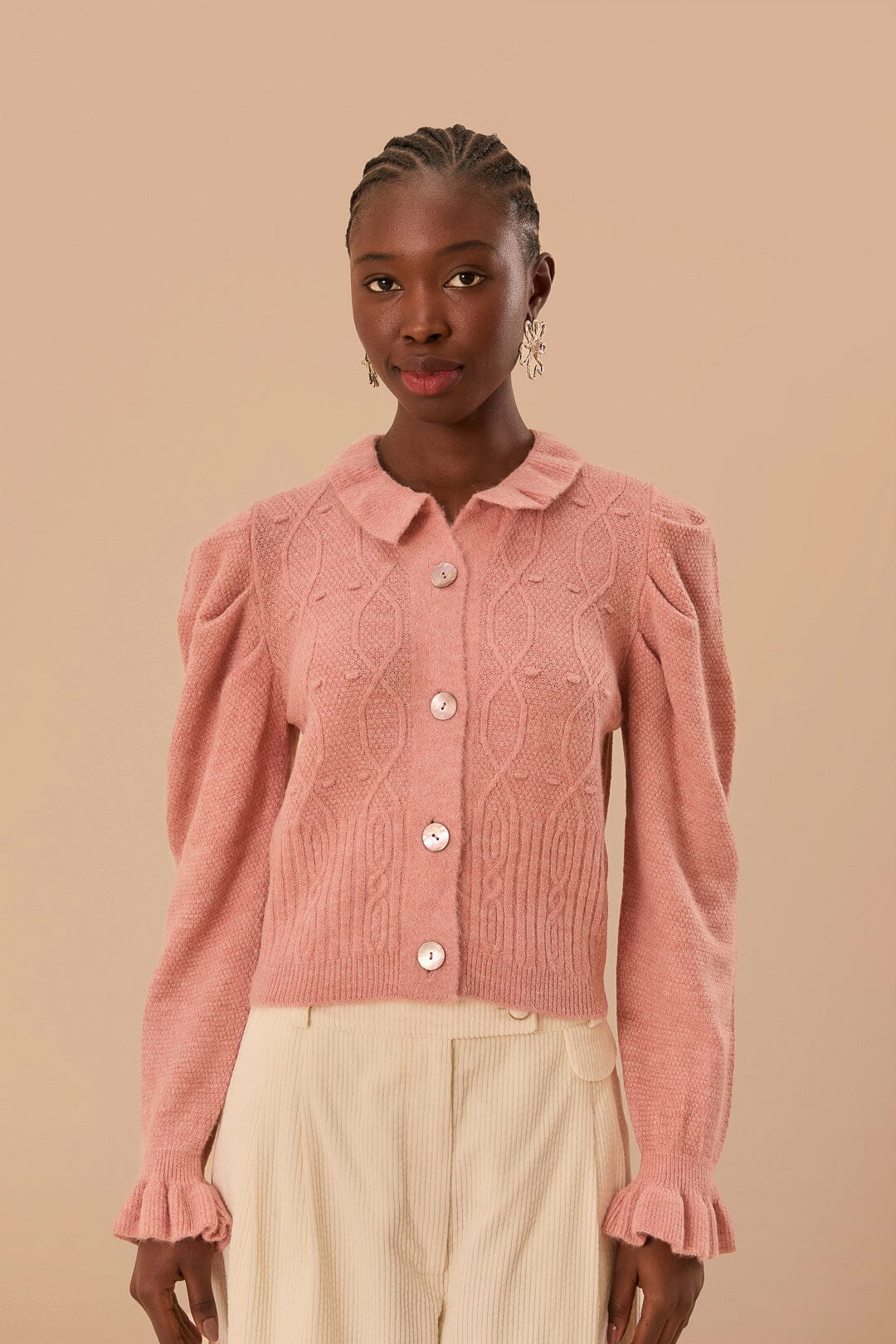 Light Pink Ruffle Knit Cardigan | FarmRio (US)