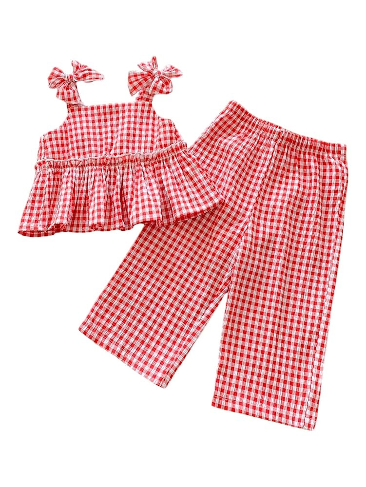 MakeMeChic Girl's 2 Piece Summer Sets Gingham Print Ruffle Tank Top and Pants Matching Set | Amazon (US)