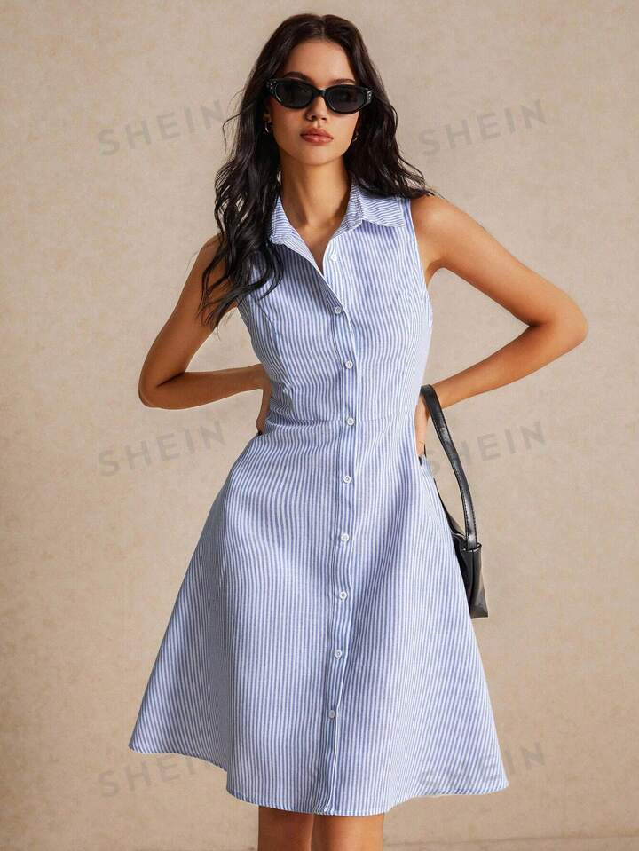 Poéselle Summer Women Dresses Business Women Clothes Women Stripe Print Button Front Sleeveless ... | SHEIN