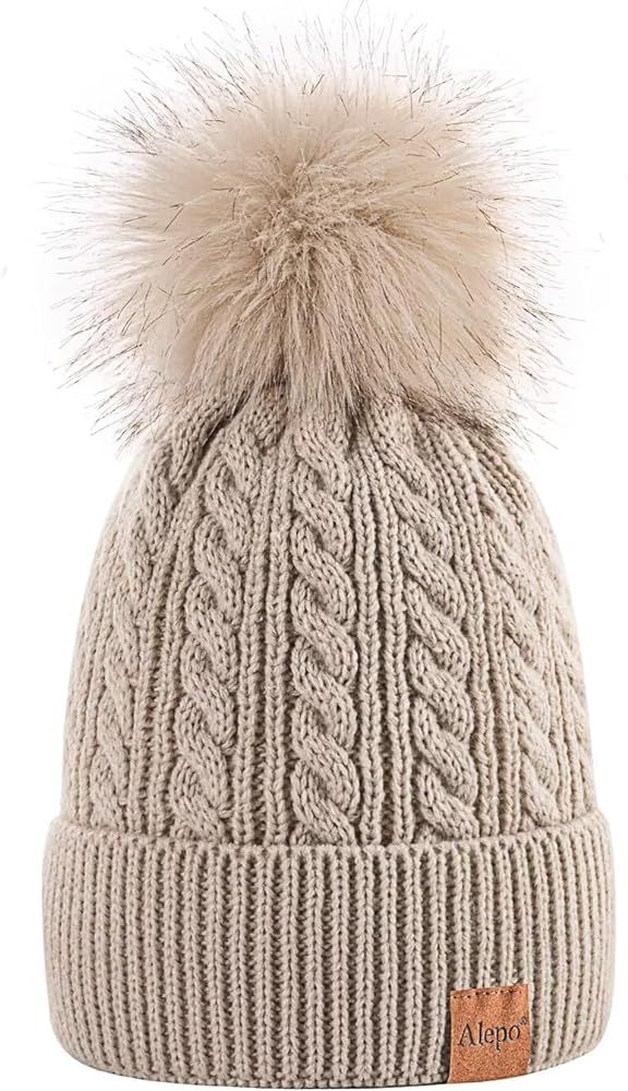 Alepo Womens Winter Beanie Hat, Warm Fleece Lined Knitted Soft Ski Cuff Cap with Pom Pom | Amazon (US)