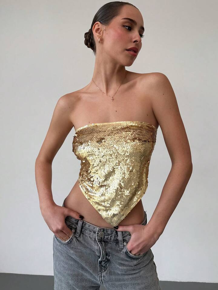 Aloruh Women's Crop Tube Top, Sequin Decor Triangle Hem, Fitted Party Top For Christmas & Hallowe... | SHEIN