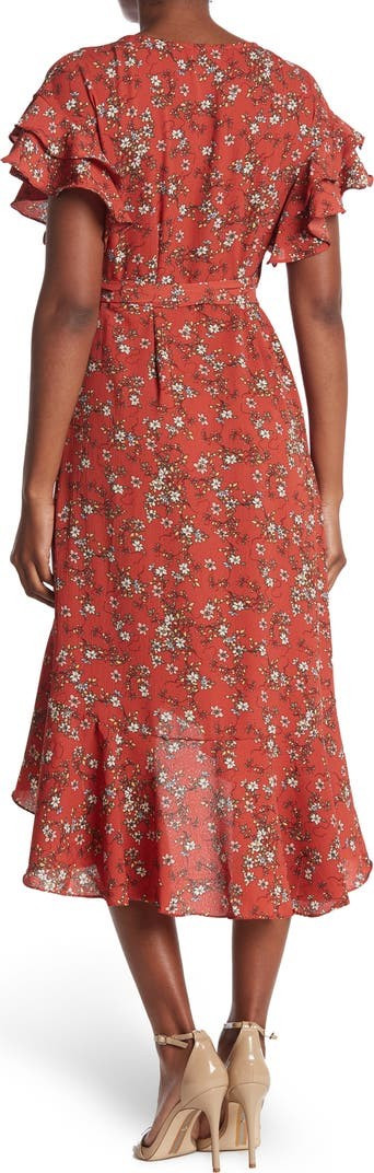 Ruffle Crepe High/Low Wrap Midi Dress | Nordstrom Rack