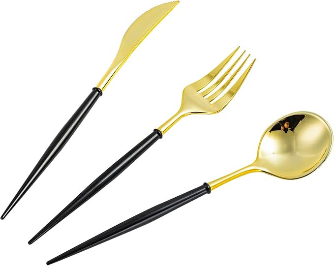 N9R 90PCS Gold Plastic Silverware - Gold Plastic Cutlery Set with Black Handle-Fancy Plastic Silv... | Amazon (US)