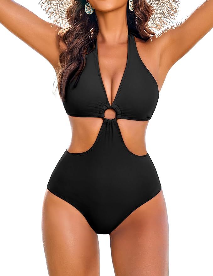 AI'MAGE Women's One Piece Swimsuits Tummy Control O Ring Cutout High Waisted Bathing Suit Tie Bac... | Amazon (US)