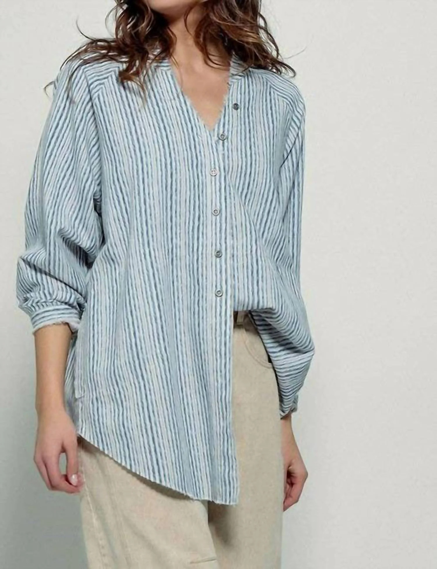 Striped Linen Blend Blouse In Blue | Shop Simon