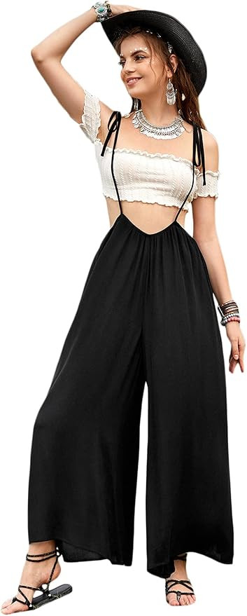 SheIn Women's Tie Overalls Summer Loose Sleeveless Suspender Jumpsuit Solid Baggy Wide Leg Long P... | Amazon (US)