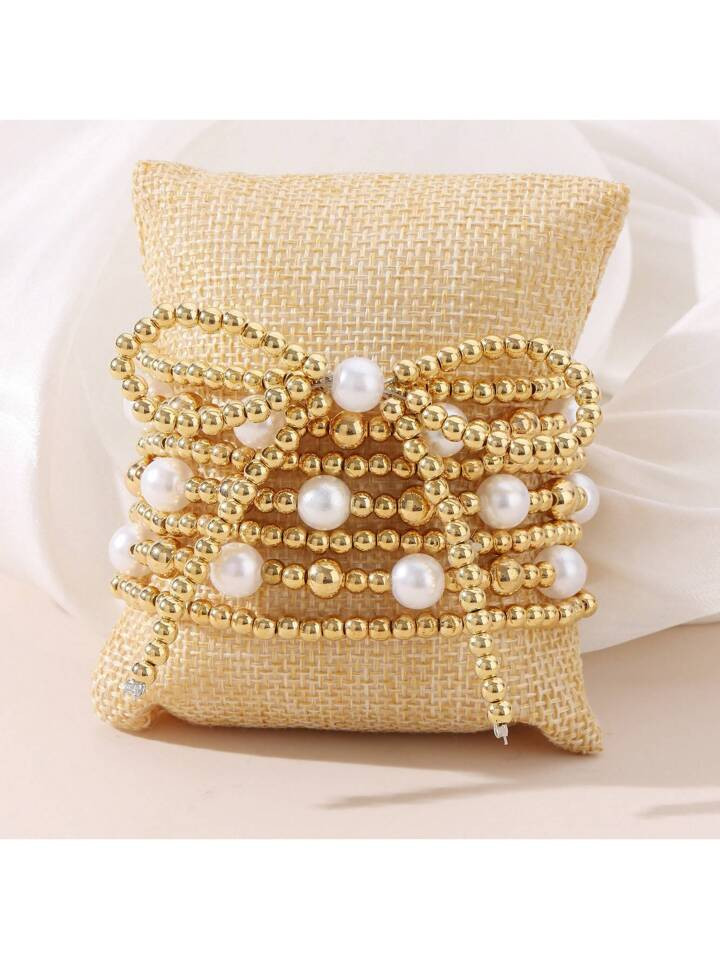 4/5/7/8pcs Simple Beaded Cross Faux Pearl Bow Bracelets Set, Women Vacation/Meet-Up/Birthday Gift, Daily Party & Casual Wear Accessory | SHEIN