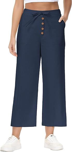 KANCY KOLE Women's Wide Leg Cotton Linen Pants High Waisted Elastic Waist Drawstring Casual Loose Tr | Amazon (US)
