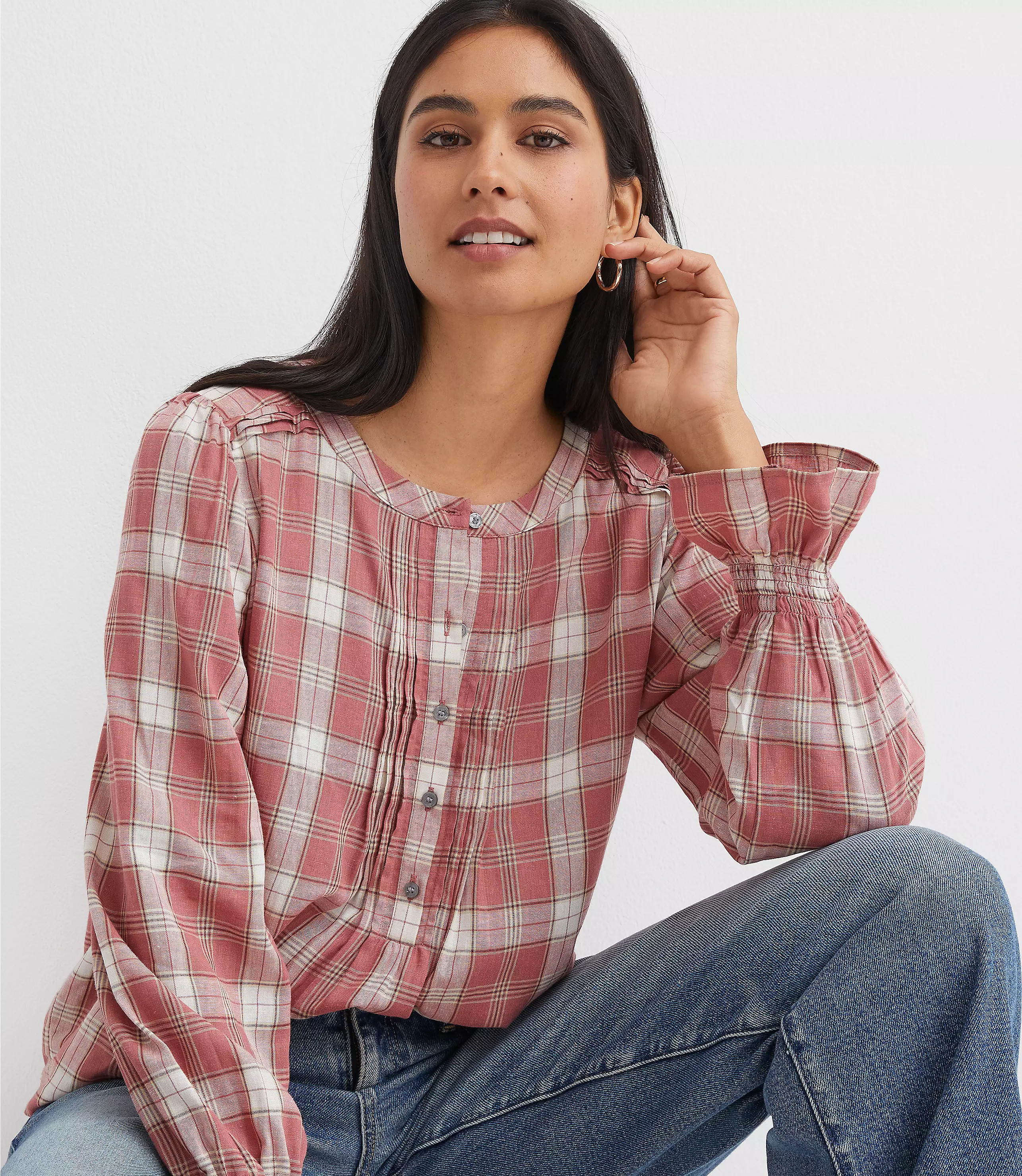 Plaid Pleated Henley Blouse | LOFT