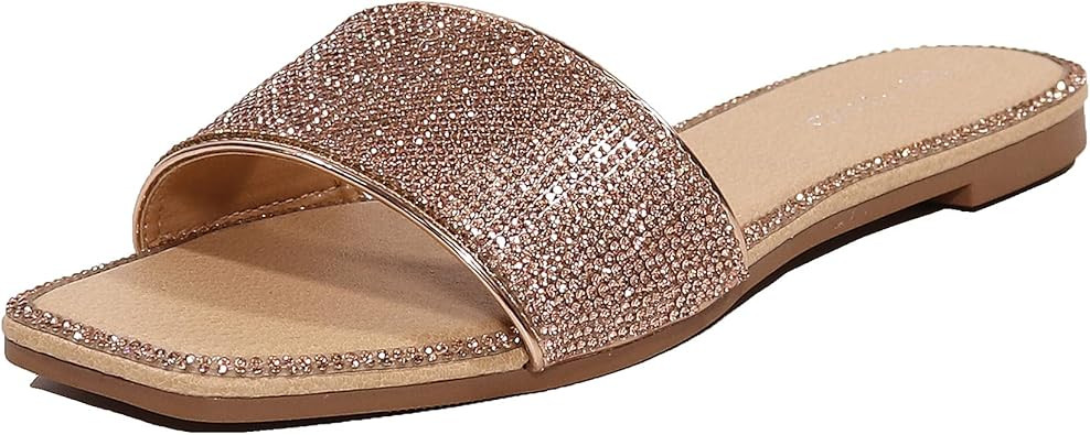 EETTARO Women's Glitter Shiny Slide Sandals Sparkle Fancy Flat Slippers Slip-on Jeweled Shoes | Amazon (US)