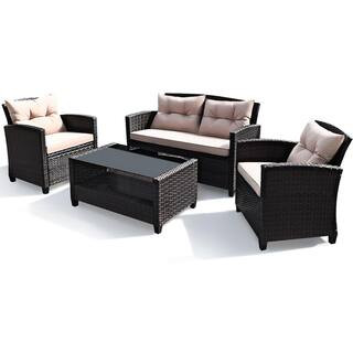 Costway 4-Pieces Wicker Patio Conversation Set Cushioned Sofa Armrest Table with Beige Cushions Q... | The Home Depot