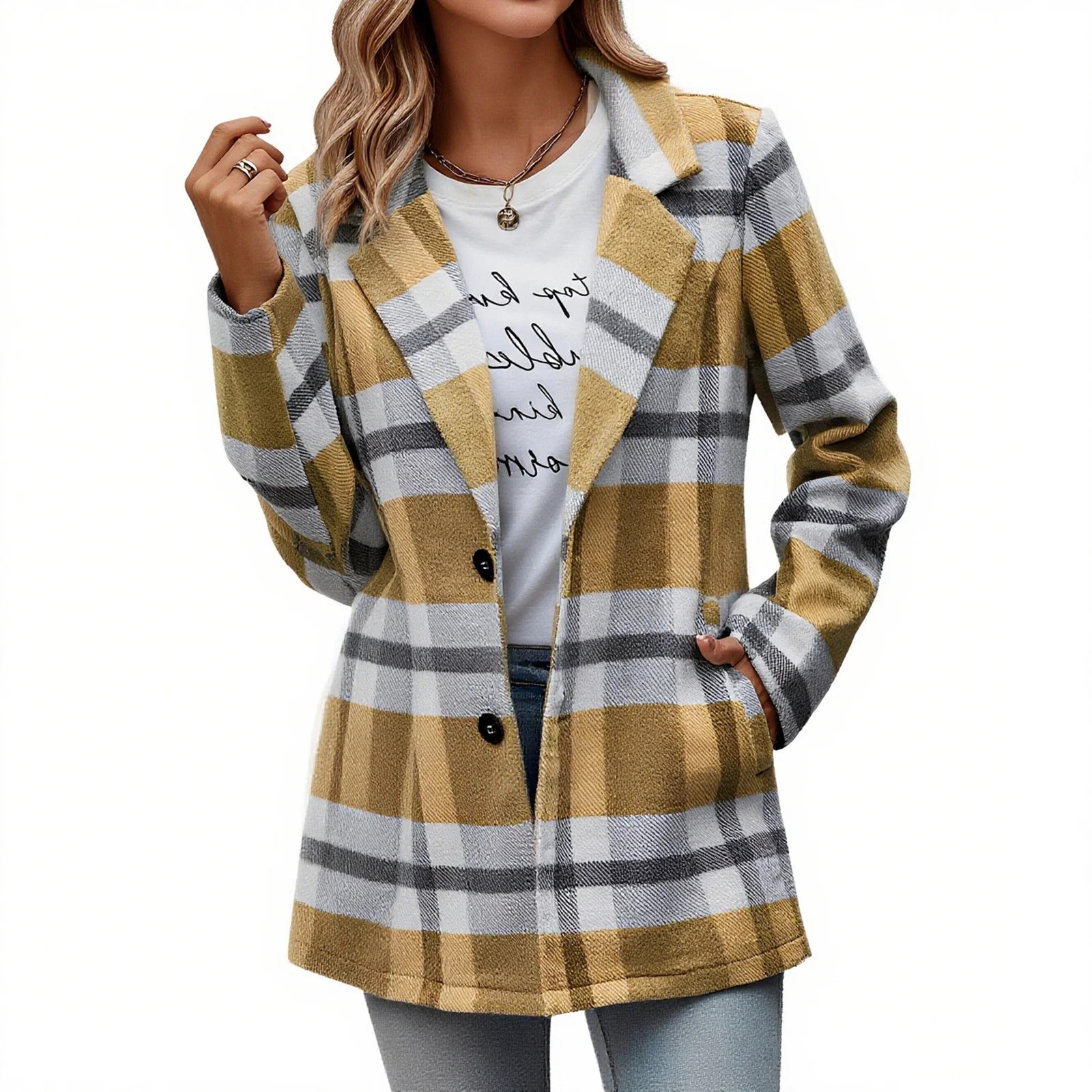 Women Plaid Shacket Jacket Trendy Fall Casual Button Checkered Trench Coat Winter Clothing with P... | Walmart (US)
