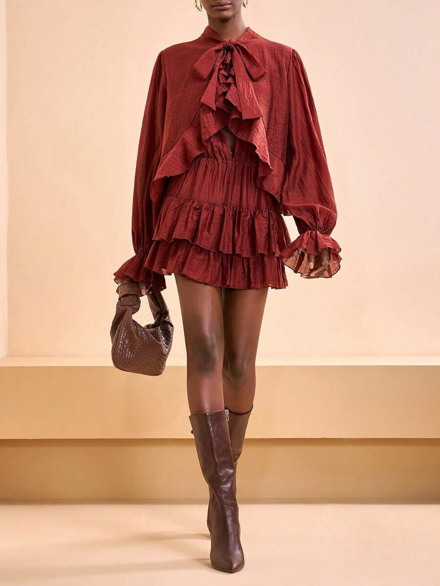 Zivah New Spring/Summer Elegant Commuting Vacation Boho Long-Sleeved Loose Reddish-Brown Color Wi... | SHEIN