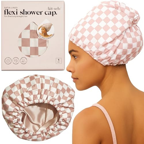 Kitsch Luxury Satin-Lined Flexi Shower Caps for Women Reusable Waterproof - Large Wide Shower Cap for Women & Men, Adjustable, Stylish Hair Cap for Showers, For Long & Short Hair - Terracotta Checker | Amazon (US)