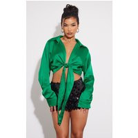 Green Satin Tie Front Crop Shirt | PrettyLittleThing UK