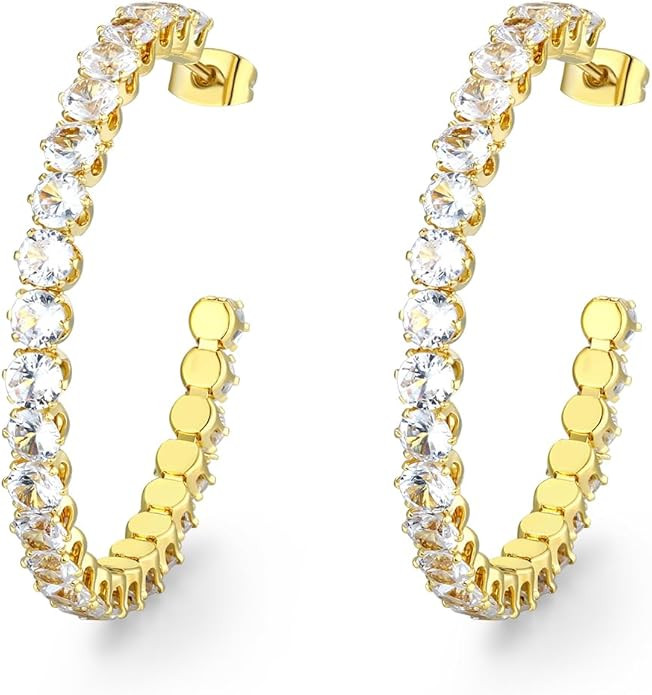 Cubic Zirconia Hoop Earrings for Women and Men, Yellow Gold Plated Sparkling Rhinestone Cuff Earr... | Amazon (US)