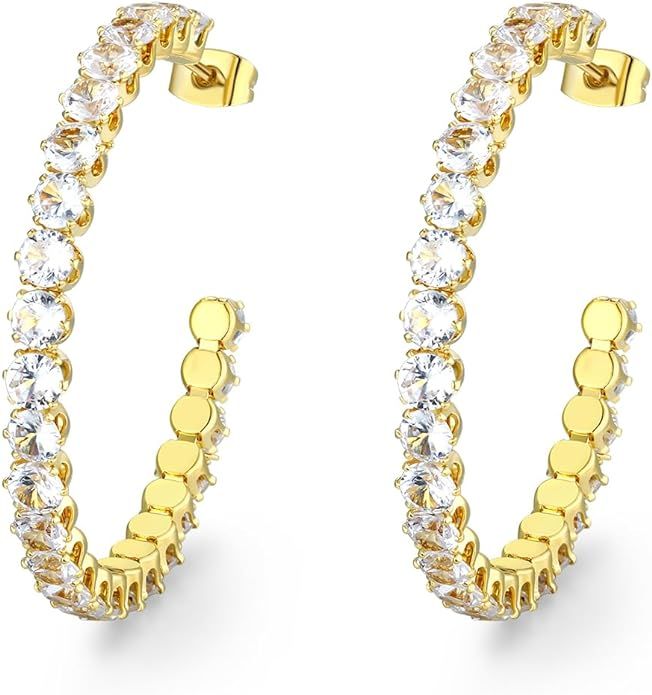 Cubic Zirconia Hoop Earrings for Women and Girls, Yellow Gold Plated Sparkling Rhinestone Luxury ... | Amazon (US)
