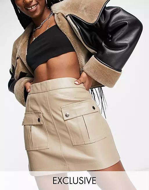 Only exclusive pocket detail faux leather mini skirt in stone | ASOS | ASOS (Global)