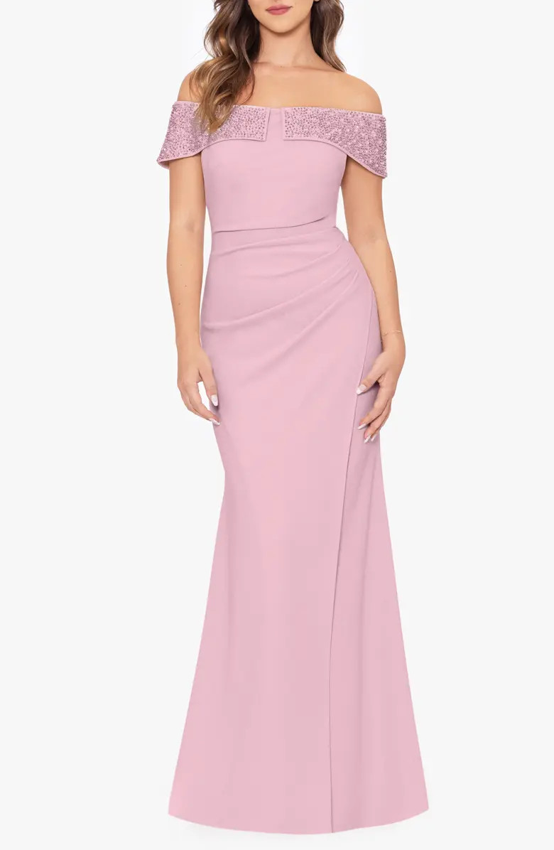 Betsy & Adam Bead Detail Off the Shoulder Scuba Crepe Sheath Gown | Nordstrom | Nordstrom