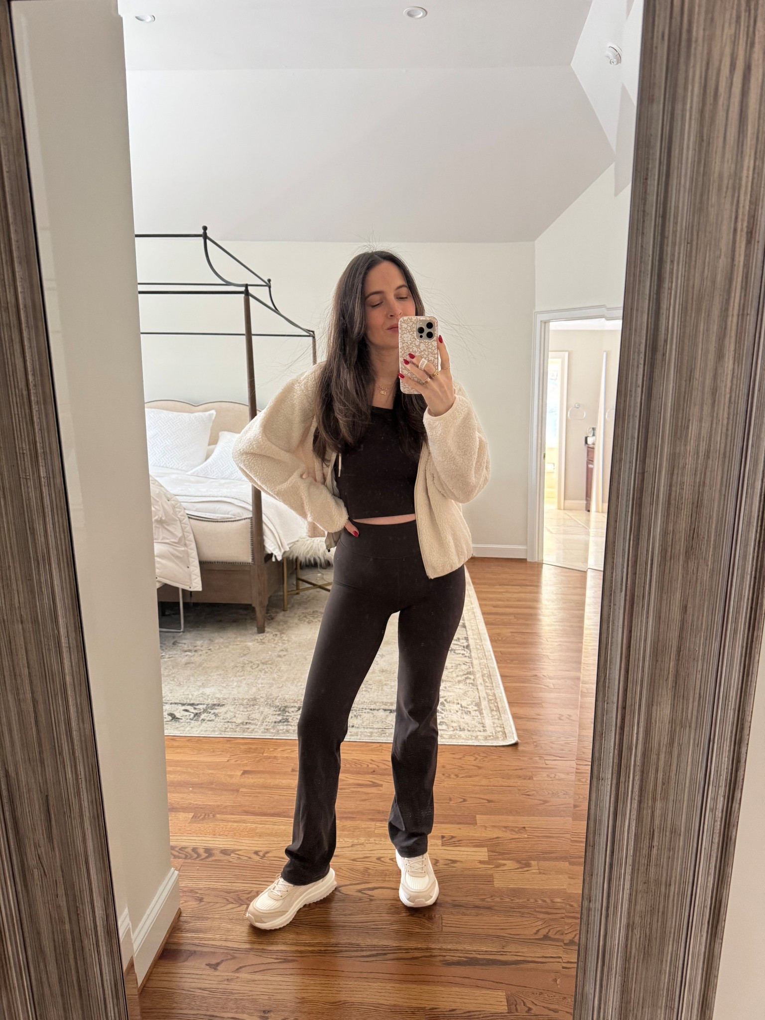 What I Wear to Work From Home: Athleta Ultra High Rise Straight Leg Pants, APL’s, Athleta In The Clouds jacket, Athleta Transcend Top, BaubleBar custom ring and necklaces. 

#LTKootd #LTKmomlife #LTKgrwm