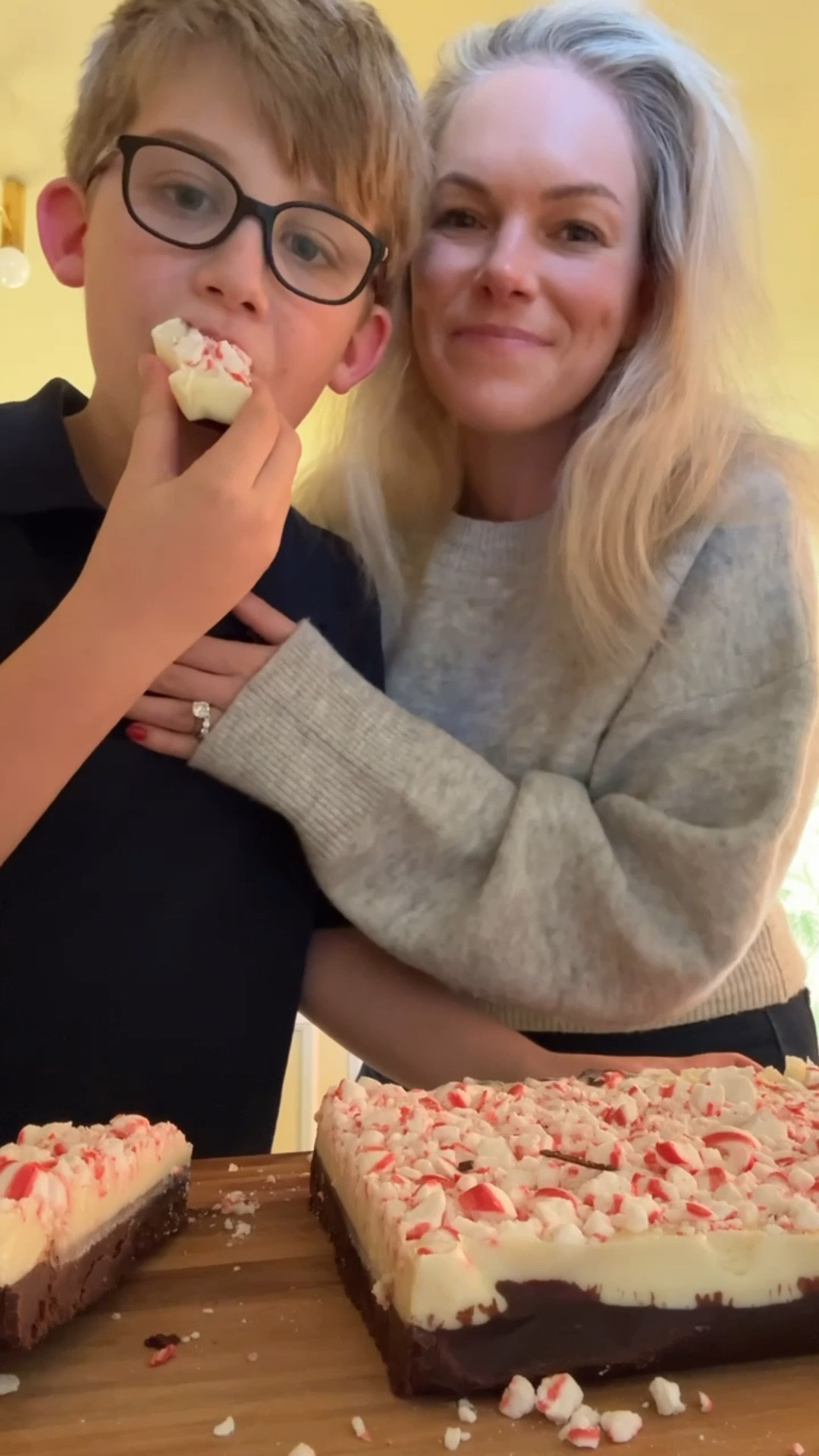 Peppermint fudge 🍫🤍❤️

Ingredients:
2 lbs dark chocolate wafers
2 lbs white chocolate wafers 
2 cups milk
4 tbsp butter 
40 soft candy peppermints (crushed)
6 drops peppermint extract (or more to taste)

Instructions:
1. Melt dark chocolate wafers over medium
heat in double boiler 
2. Add 1 cup milk and stir as chocolate melts
3. Add butter to melted chocolate and stir until incorporated 
4. Pour melted chocolate into glass baking dish lined with parchment paper
5. Set in refrigerator to cool and harden
6. Meanwhile, unwrap peppermints, put into gallon ziplock baggie and bang with a meat mallet to crush into small pieces 
7. Heat white chocolate wafers over medium heat in a double boiler
8. Add 1 cup of milk to white chocolate and stir 
9. Add peppermint extract to white chocolate mixture 
10. Once white chocolate is melted, pour it over chilled and firm chocolate in the baking dish
11. Top with peppermint crumbles and put into the fridge overnight to harden
12. Remove from baking dish and chop into bite size pie

#LTKHoliday #LTKfoodie #LTKmomlife