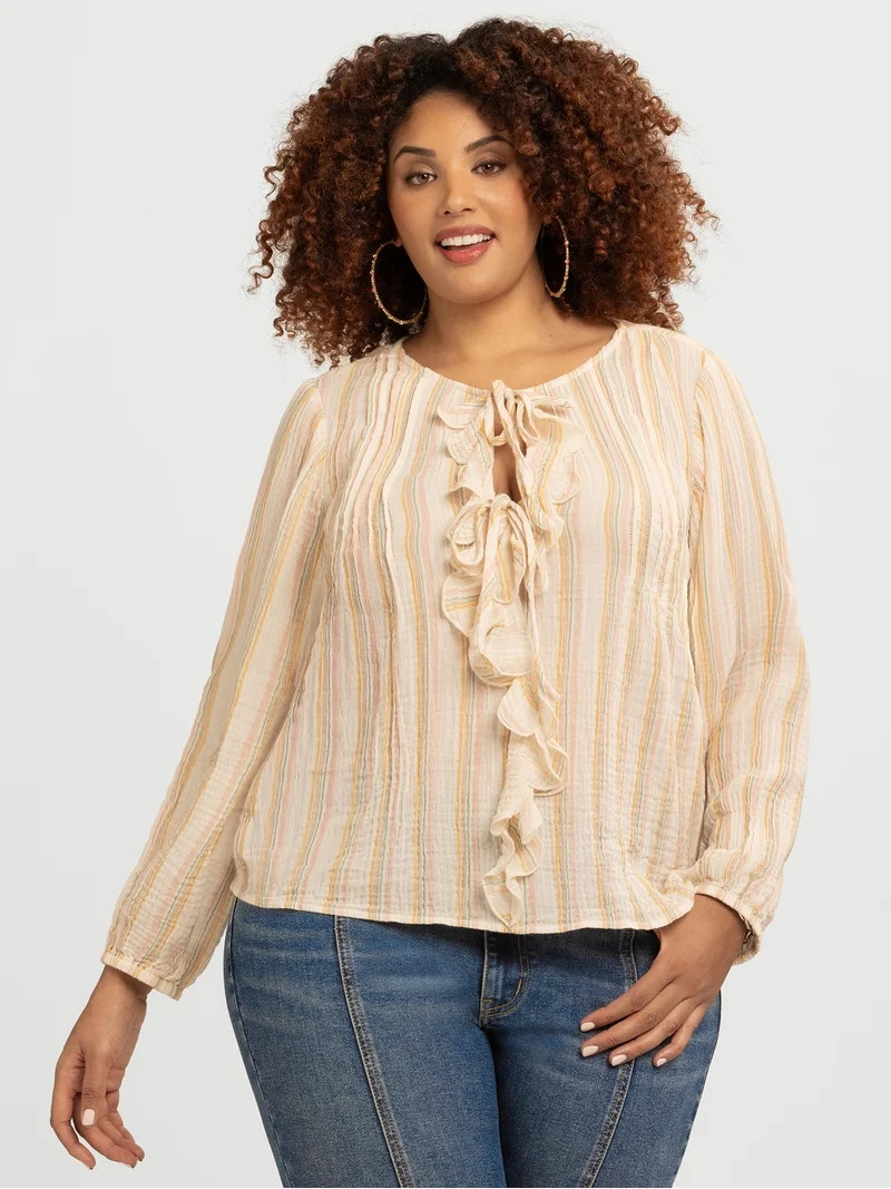 Jessica Simpson Women's Plus Hilaria Cotton Ruffle Top with Long Sleeves, Sizes 0X-4X | Walmart (US)
