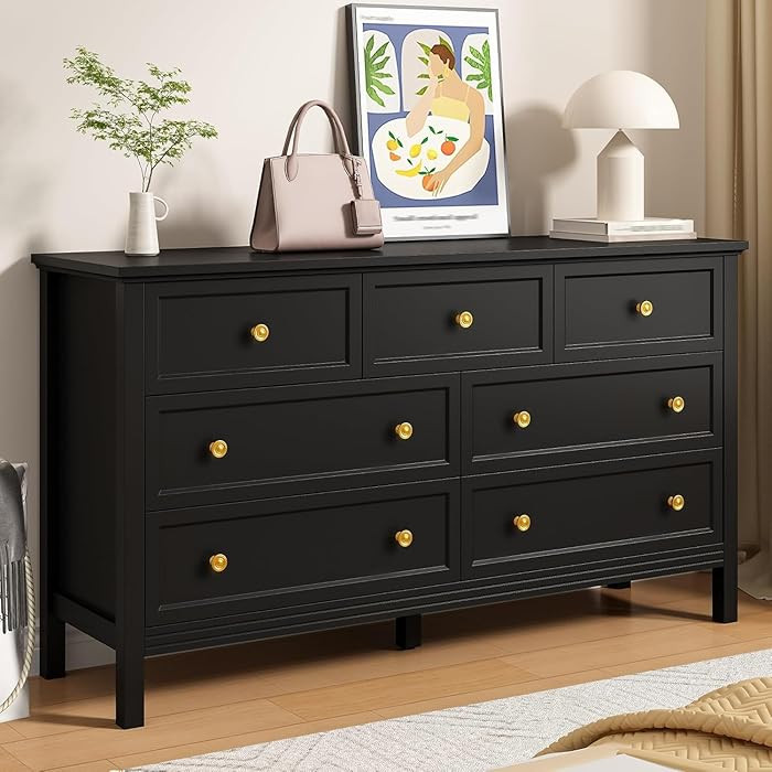 LYNSOM Black Dresser for Bedroom with 7 Drawers, Modern Wide Chest of Storage Drawer with Gold Ha... | Amazon (US)