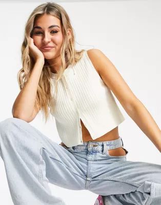 Topshop knitted clean button through ribbed tank top in ivory | ASOS (Global)