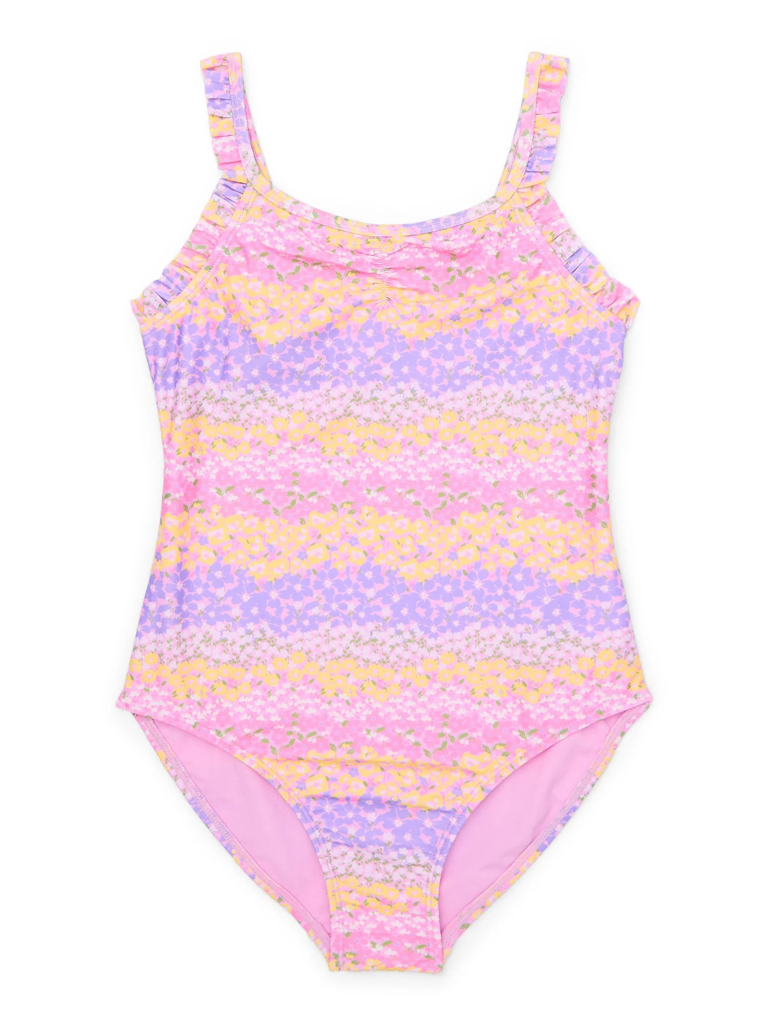 Wonder Nation Girls Frilly Floral Print One Piece Swimsuit with UPF50+, Sizes 4-18 & Plus | Walmart (US)