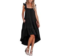 KIRUNDO Women 2023 Summer Sleeveless Ruffle High Low Square Neck Midi Dress Loose Fit Pleated Flo... | Amazon (US)