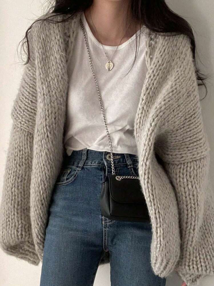 DAZY Women's Solid Color Minimalist Hollow-Out Knit Cardigan,Three Quarter Sleeve Tops | SHEIN