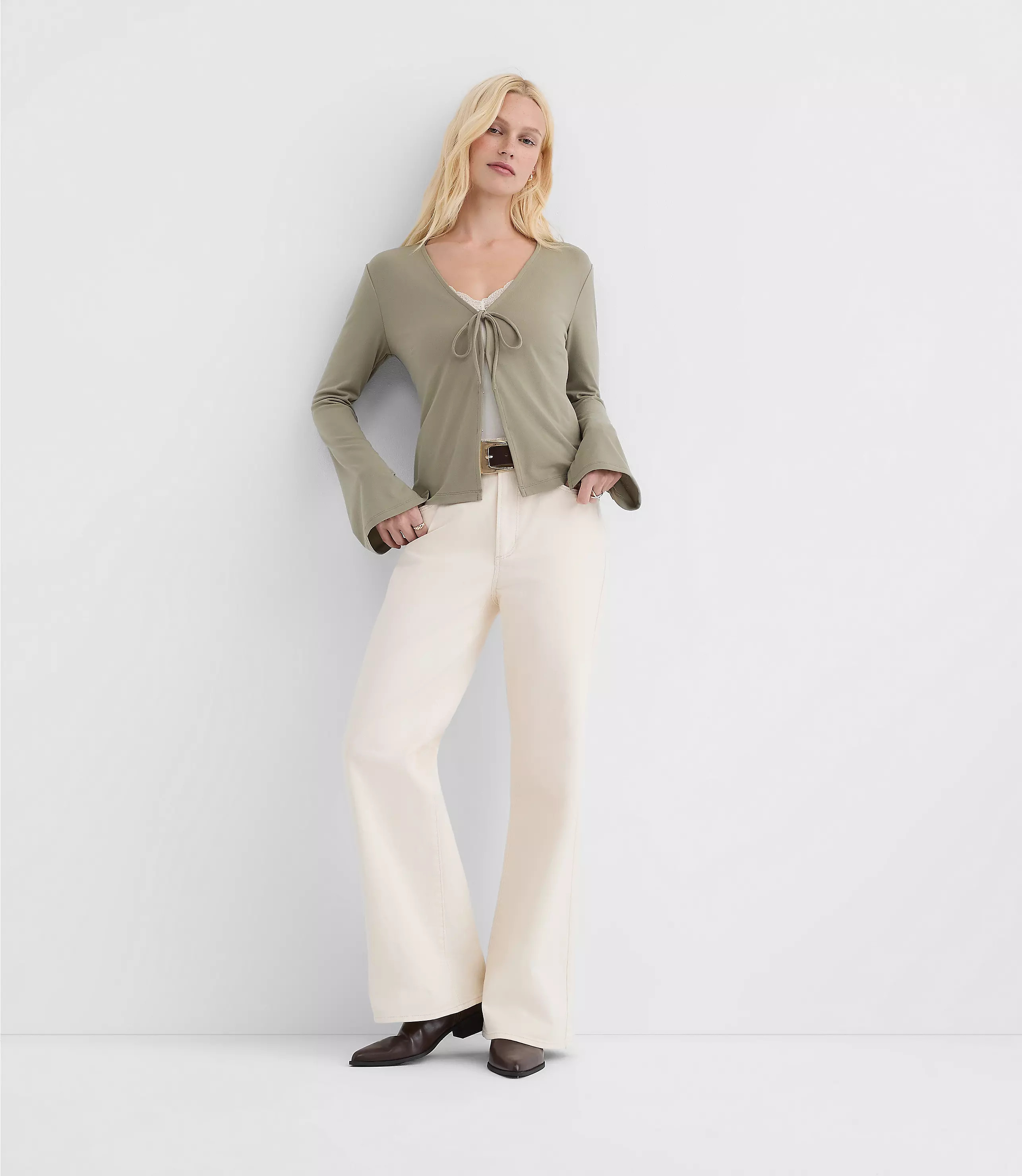 Rivete Petite High Rise Wide Leg Jeans in Ivory | LOFT