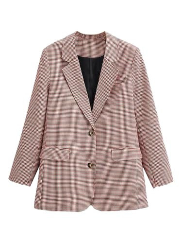 utcoco Women's Plaid Blazer Vintage Notch Long Sleeve Single Breasted Suit Jacket with Pockets (XX-Large, Red Black) | Amazon (US)