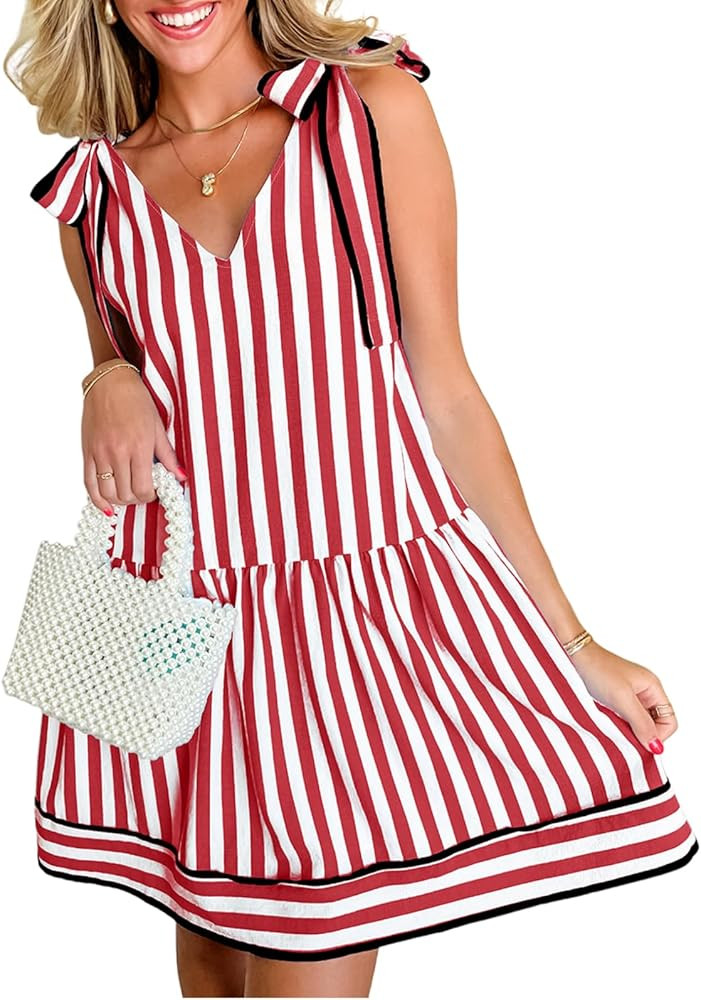 Acelitt Womens Summer Sleeveless Striped Dresses Casual Loose V Neck Flowy Ruffle Babydoll Dress ... | Amazon (US)
