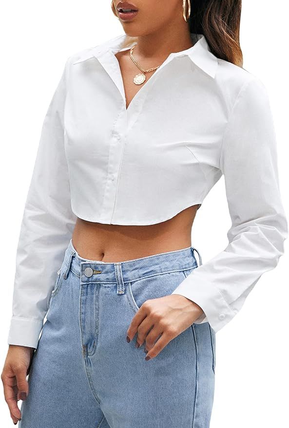 SHENHE Women's Casual Button Down White Blouse Long Sleeve Curved Hem Crop Tops | Amazon (US)
