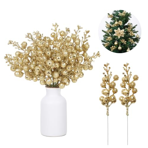 14 Pack 7.8 Inch Christmas Gold Berry Stems for Christmas Tree, Glitter Berry Picks, DIY Wreaths, Crafts, Home & Wedding Decorations | Amazon (US)