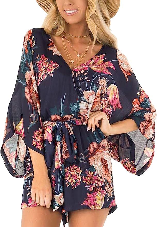 AIMCOO Women's Summer Floral Print Jumpsuits Long Baggy Sleeve High Waist Tie Knot Rompers Casual... | Amazon (US)