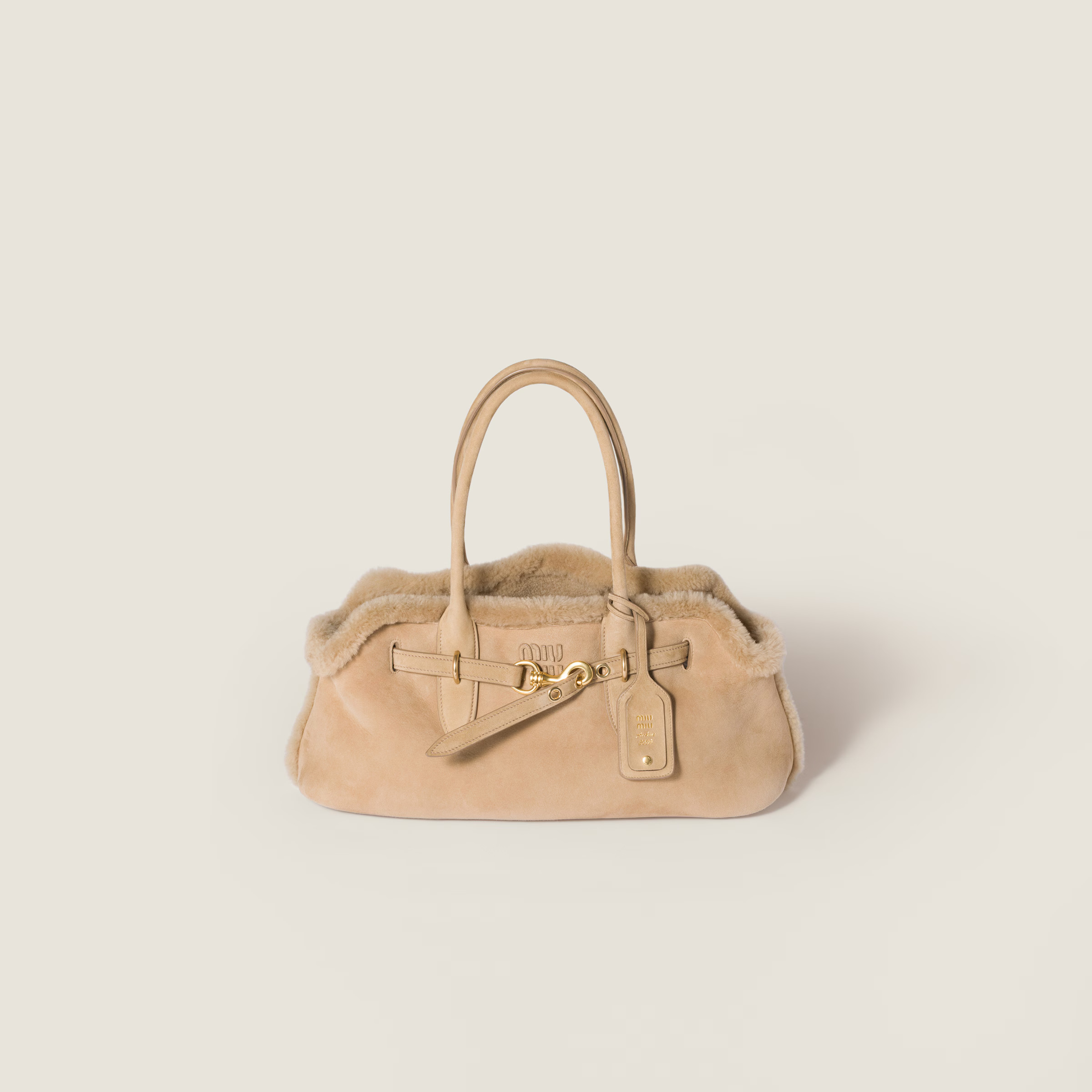 Sand Beige Aventure Shearling Tote Bag | Miu Miu | Miu Miu US
