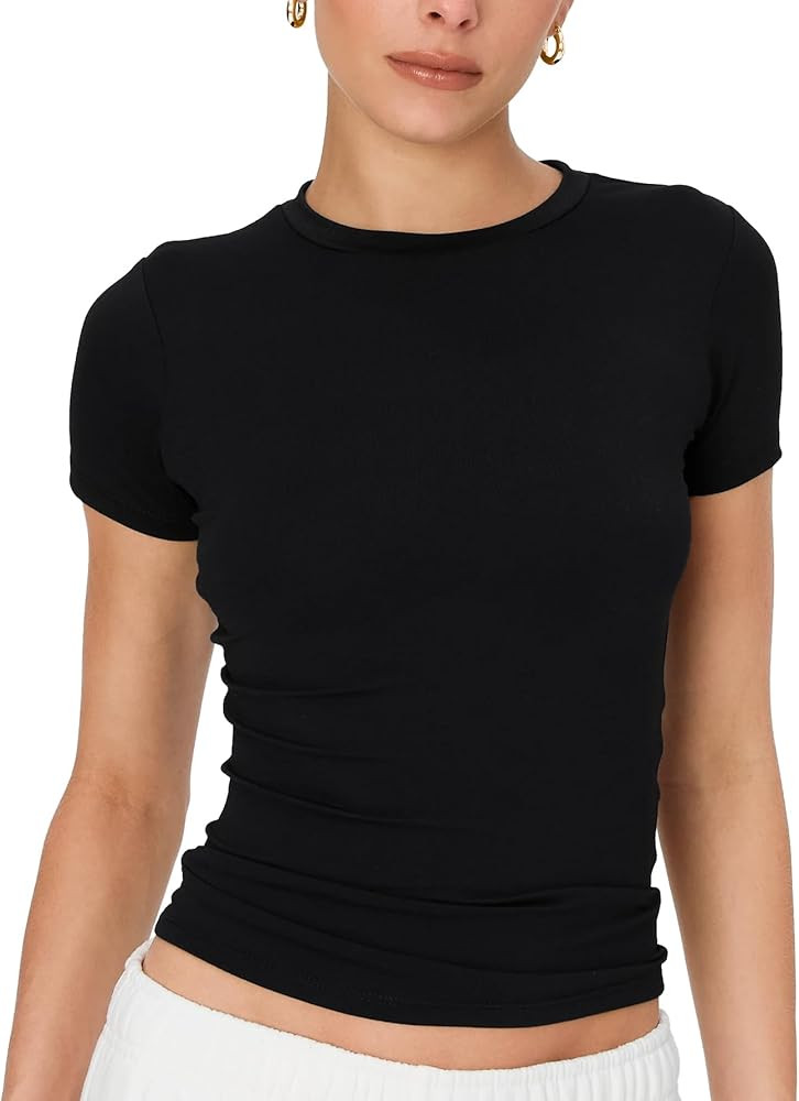 Womens Tops Trendy Basic Crew Neck Short Sleeve T Shirt Slim Fit Cute Crop Top Shirts Casual Wome... | Amazon (US)